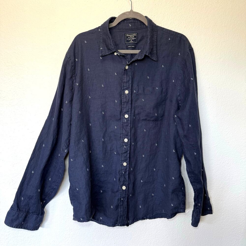 Abercrombie & Fitch Linen Anchor Print Button Up Preppy Nautical Coastal Navy XL